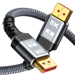 capshi vesa certified displayport cable 1.4, 8k dp cable 6.6ft (8k@60hz, 4k@144hz, 2k@240hz) hbr3 support 32.4gbps, hdcp 2.2, hdr10 freesync g-sync for gaming monitor 3090 graphics pc (grey)