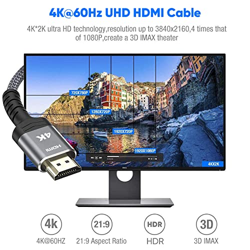 4K HDMI Cable 15FT,Highwings 2.0 High Speed 18Gbps HDMI Braided Cord-Supports (4K 60Hz HDR,Video 4K 2160p 1080p 3D HDCP 2.2 ARC-Compatible with Ethernet PS4/3 4K Projector Game Monitor ect-Grey