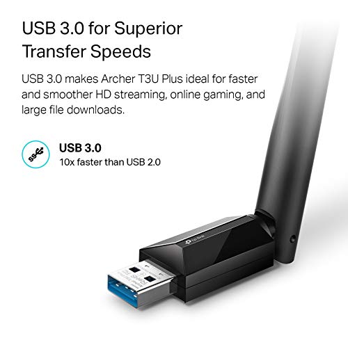 TP-Link USB WiFi Adapter for Desktop PC, AC1300Mbps USB 3.0 WiFi Dual Band Network Adapter with 2.4GHz/5GHz High Gain Antenna(Archer T3U Plus), MU-MIMO, Windows 11/10/8.1/8/7/XP, Mac OS 10.9-10.15