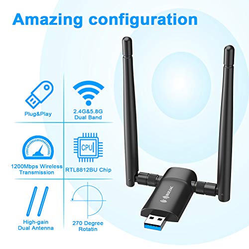 Wireless USB WiFi Adapter for PC - Nineplus 1200Mbps Dual 5Dbi Antennas 5G/2.4G WiFi Adapter for Desktop PC Laptop Windows11/10/8/8.1/7/Vista/XP, Wireless Adapter for Desktop Computer Network Adapters