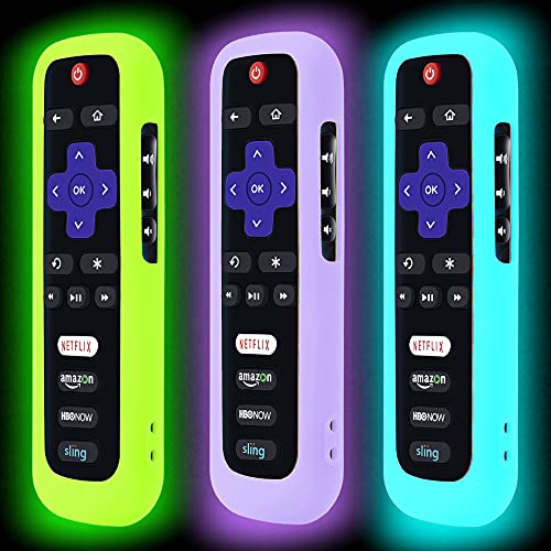 3 Pack Remote Case for Roku, Battery Cover for TCL Roku Smart TV Steaming Stick Remote, Roku TV Remote Cover Silicone Protective Controller Universal Sleeve Skin Glow in The Dark Green Purple Blue