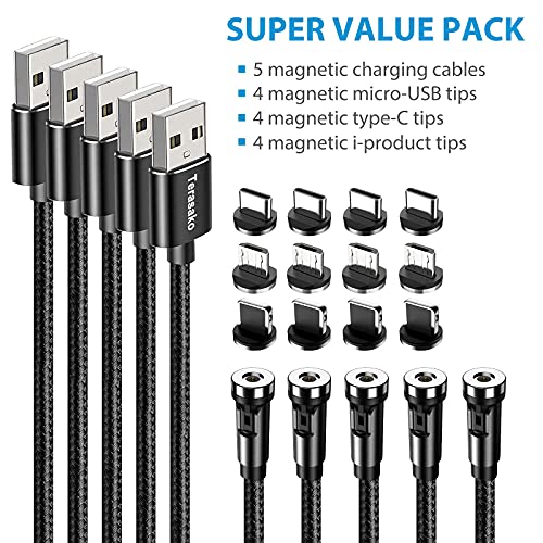 Terasako Magnetic Charging Cable 5-Pack (3/3/6/6/10FT) - 540° Rotating Magnetic Phone Charger Cable with LED Light - 90° Angle Connector, Nylon-Braided Cords (Black)