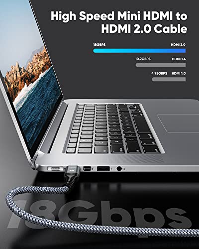 Mini HDMI to HDMI Cable 10FT, Highwings (4K 60Hz) High Speed HDMI to Mini HDMI Male Bi-Directional 2.0 Cord, for HDTV, Tablet, Camera and Camcorder [Aluminum Shell, Nylon Braided]