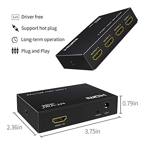 HDMI Splitter 1 in 4 Out, MT-ViKI 1x4 Power HDMI Splitter 4 Ports w/AC Adapter, 4Kx2K@30Hz 3D Full HD Distributor for PS4 Fire Stick HDTV