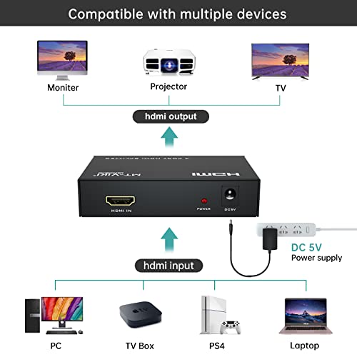 HDMI Splitter 1 in 4 Out, MT-ViKI 1x4 Power HDMI Splitter 4 Ports w/AC Adapter, 4Kx2K@30Hz 3D Full HD Distributor for PS4 Fire Stick HDTV