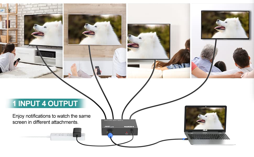 HDMI Splitter 1 in 4 Out, MT-ViKI 1x4 Power HDMI Splitter 4 Ports w/AC Adapter, 4Kx2K@30Hz 3D Full HD Distributor for PS4 Fire Stick HDTV