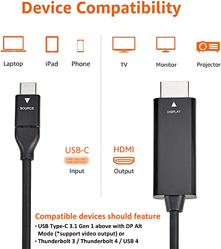 Amazon Basics USB-C to HDMI Cable Adapter (Thunderbolt 3 Compatible) 4K@30Hz - 6-Foot