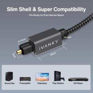 IVANKY Optical Audio Cable 10ft/3M, Slim Braided Fiber Audio Cable, Digital Optic Cord,Toslink Cable, Aluminum Shell, Gold-Plated for Sound Bar, TV, PS4, Xbox, Samsung, Vizio - CL3 Rated