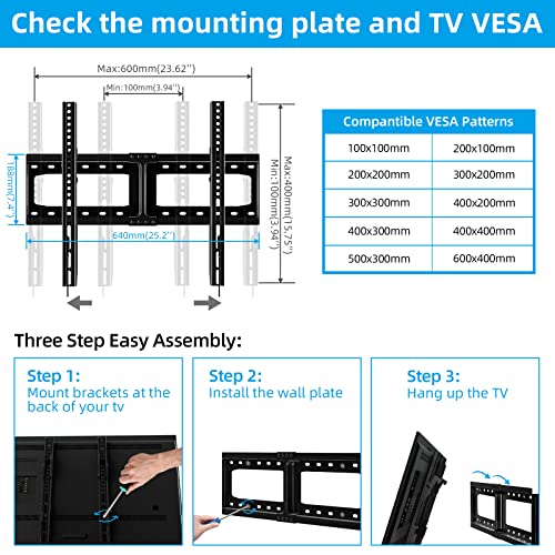 HOME VISION Tilt TV Wall Mount for Most 32-75 Inch TVs Universal Low Profile Fixed TV Bracket Max VESA 600x400mm Holds up to 165lb Wall Stand Fit 16”-18”-24” Studs Quick Release Lock TV Mount