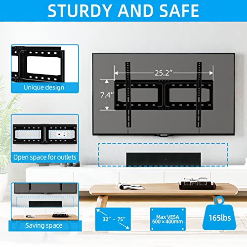 HOME VISION Tilt TV Wall Mount for Most 32-75 Inch TVs Universal Low Profile Fixed TV Bracket Max VESA 600x400mm Holds up to 165lb Wall Stand Fit 16”-18”-24” Studs Quick Release Lock TV Mount