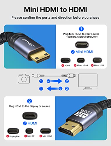 JSAUX Mini HDMI to HDMI Cable 6FT, [Aluminum Shell, Braided] High Speed 4K 60Hz HDMI 2.0 Cord, Compatible with Camera, Camcorder, Tablet and Graphics/Video Card, Laptop, Raspberry Pi Zero W -Grey