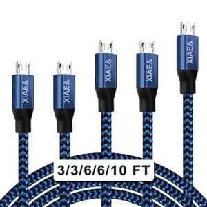 Micro USB Cable,XIAE& 5Pack (3/3/6/6/10FT) Nylon Braided Fast Charging Cable Aluminum Housing USB Charger Android Cable for Samsung Galaxy S7 Edge S6 S5,Android Phone,LG G4,HTC and More (Blue)