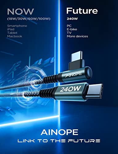 AINOPE 240W USB C to USB C Cable 6.6ft/2Pack, Type C to Type C Cable Fast Charging, USB C Charger Cable Right Angle Compatible with MacBook Pro/Air, iPad Pro 12.9/11/Air/Mini, Samsung S23/22/21/20