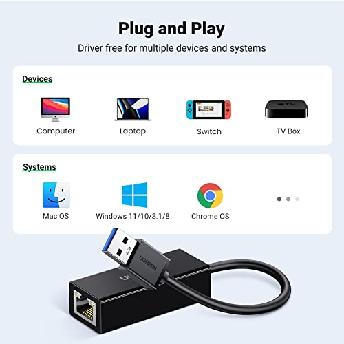 UGREEN USB to Ethernet Adapter for Laptop PC Gigabit USB 3.0 to 10 100 1000 Mbps Network Adapter USB A to RJ45 Wired LAN Adapter Compatible with Nintendo Switch MacBook Mac Mini Windows macOS Linux