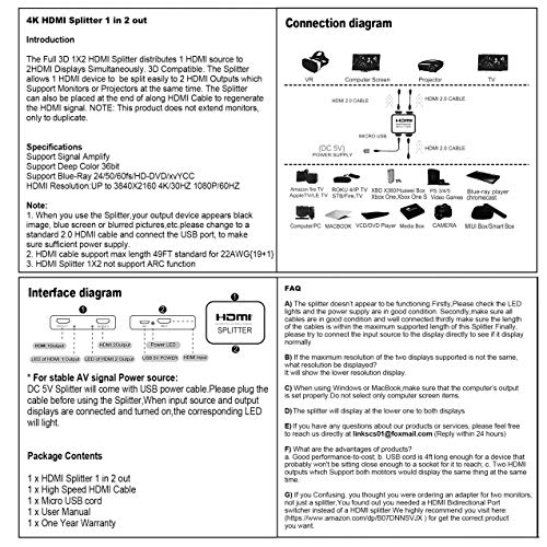 avedio Links HDMI Splitter 1 in 2 Out, 4K HDMI Splitter for Dual Monitors Duplicate/Mirror Only, 1x2 HDMI Splitter 1 to 2 Amplifier for Full HD 1080P 3D with 5ft HDMI Cable (1 Source onto 2 Displays)