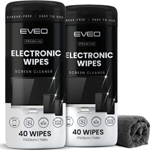 electronic wipes streak-free for screen cleaner & smart watch [2 pack x 40] tv screen, smart tv, computer screen, laptop, phone, tablet, and electronics devices – microfiber cloth included [80 wipes]