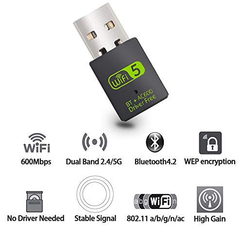 USB WiFi Bluetooth Adapter, 600Mbps Dual Band 2.4/5Ghz Wireless Network External Receiver, Mini WiFi Dongle for PC/Laptop/Desktop