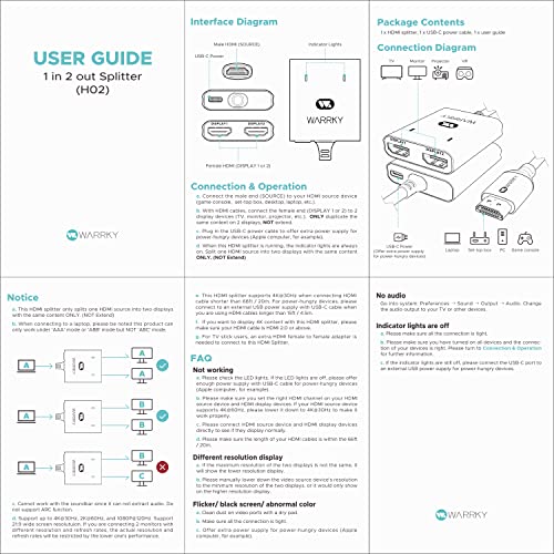 Warrky HDMI Splitter, Duplicate/Mirror, 4K HDMI Splitter 1 in 2 Out [Metal Case, Gold-Plated] with 3.3 Ft Braided HDMI Cable, Powered Splitter, 1 Source to 2 Identical Displays for TV, Projector