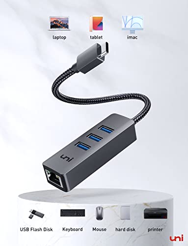 USB C to Ethernet Adapter, uni USB-C Hub with RJ45 Gigabit, [Thunderbolt 3/4 Compatible] USB 3.0 Multiport Hub for MacBook Pro/Air, iMac, iPad Pro, Surface Pro 7, Chromebook, XPS 17/15/13, and More