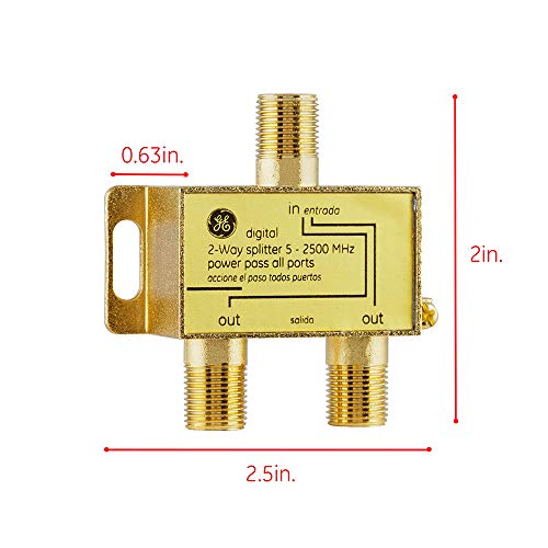 GE Digital 2-Way Coaxial Cable Splitter, 2.5 GHz 5-2500 MHz, RG6 Compatible, Works with HD TV, Satellite, High Speed Internet, Amplifier, Antenna, Gold Plated Connectors, Corrosion Resistant, 33526