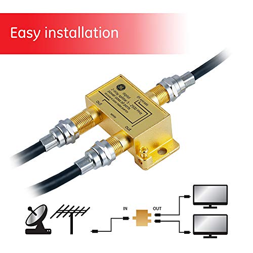 GE Digital 2-Way Coaxial Cable Splitter, 2.5 GHz 5-2500 MHz, RG6 Compatible, Works with HD TV, Satellite, High Speed Internet, Amplifier, Antenna, Gold Plated Connectors, Corrosion Resistant, 33526