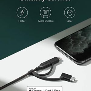 Anker Powerline II 3-in-1 Cable, Lightning/Type C/Micro USB Cable for iPhone, iPad, Huawei, HTC, LG, Samsung Galaxy, Sony Xperia, Android Smartphones, iPad Pro 2018 and More(3ft, Black)