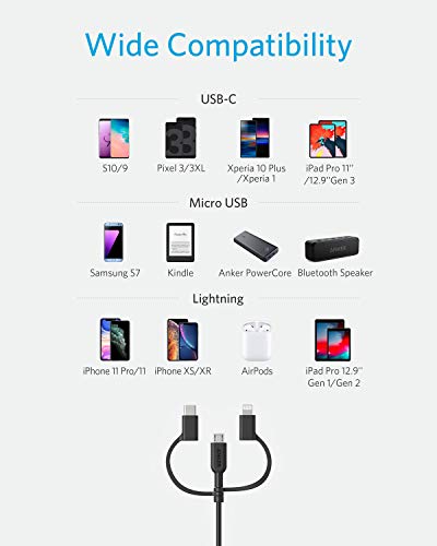 Anker Powerline II 3-in-1 Cable, Lightning/Type C/Micro USB Cable for iPhone, iPad, Huawei, HTC, LG, Samsung Galaxy, Sony Xperia, Android Smartphones, iPad Pro 2018 and More(3ft, Black)