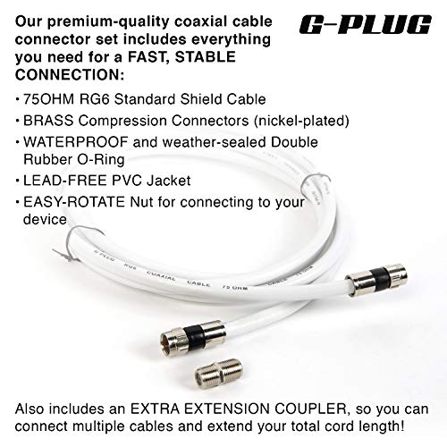 G-PLUG 6FT RG6 Coaxial Cable Connectors Set – High-Speed Internet, Broadband and Digital TV Aerial, Satellite Cable Extension – Weather-Sealed Double Rubber O-Ring and Compression Connectors White