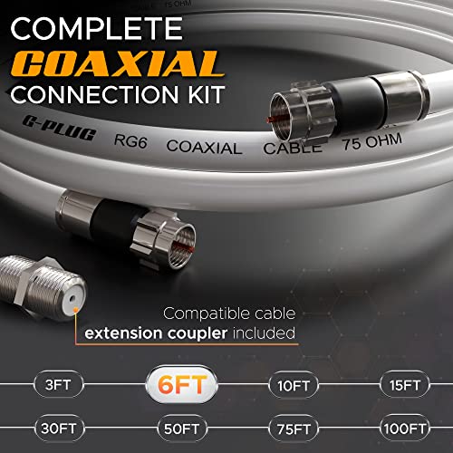 G-PLUG 6FT RG6 Coaxial Cable Connectors Set – High-Speed Internet, Broadband and Digital TV Aerial, Satellite Cable Extension – Weather-Sealed Double Rubber O-Ring and Compression Connectors White