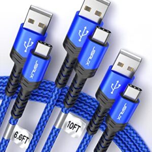 USB-C Cable 3A Fast Charging, JSAUX 3-Pack (10ft+6.6ft+3.3ft)USB A to Type C Charge Nylon Braided Cord Compatible with Samsung Galaxy S20 S10 S9 S8 Plus Note 10 9 8,PS5 Controller,USB C Charger(Blue)