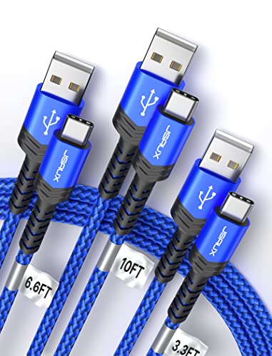 USB-C Cable 3A Fast Charging, JSAUX 3-Pack (10ft+6.6ft+3.3ft)USB A to Type C Charge Nylon Braided Cord Compatible with Samsung Galaxy S20 S10 S9 S8 Plus Note 10 9 8,PS5 Controller,USB C Charger(Blue)