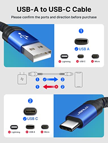 USB-C Cable 3A Fast Charging, JSAUX 3-Pack (10ft+6.6ft+3.3ft)USB A to Type C Charge Nylon Braided Cord Compatible with Samsung Galaxy S20 S10 S9 S8 Plus Note 10 9 8,PS5 Controller,USB C Charger(Blue)