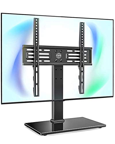 FITUEYES Universal TV Stand Table Top TV Stand for 27-55 inch LCD LED TVS Height Adjustable TV Base with Tempered Glass Base Wire Management VESA 400x400mm Holds up to 88 Pounds