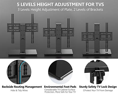 FITUEYES Universal TV Stand Table Top TV Stand for 27-55 inch LCD LED TVS Height Adjustable TV Base with Tempered Glass Base Wire Management VESA 400x400mm Holds up to 88 Pounds