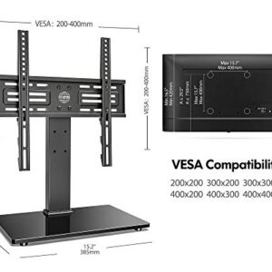 FITUEYES Universal TV Stand Table Top TV Stand for 27-55 inch LCD LED TVS Height Adjustable TV Base with Tempered Glass Base Wire Management VESA 400x400mm Holds up to 88 Pounds