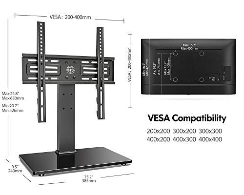 FITUEYES Universal TV Stand Table Top TV Stand for 27-55 inch LCD LED TVS Height Adjustable TV Base with Tempered Glass Base Wire Management VESA 400x400mm Holds up to 88 Pounds