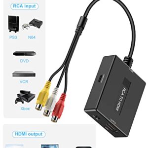 Uzifhdhi RCA to HDMI Converter, AV to HDMI Converter with HDMI Cable Supports PAL/NTSC for PS2/VHS/VCR/Blue-Ray DVD ect.