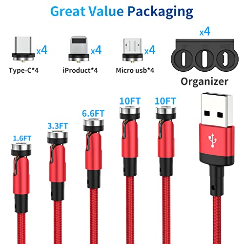 HYDOOD Magnetic Charging Cable (5-Pack, 10/10/6.6/3.3/1.6FT), 540° Rotation Magnetic Phone Charger Cable with LED Light Compatible with Micro USB, Type C and iProduct Device | Red Nylon-Braided Cord