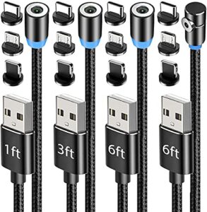 terasako magnetic charging cable 4-pack [1ft/3ft/6ft/6ft], 360° rotating magnetic phone charger cable with led light, 90° angle connector, nylon-braided cords