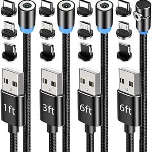 Terasako Magnetic Charging Cable 4-Pack [1ft/3ft/6ft/6ft], 360° Rotating Magnetic Phone Charger Cable with LED Light, 90° Angle Connector, Nylon-Braided Cords