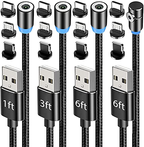 Terasako Magnetic Charging Cable 4-Pack [1ft/3ft/6ft/6ft], 360° Rotating Magnetic Phone Charger Cable with LED Light, 90° Angle Connector, Nylon-Braided Cords