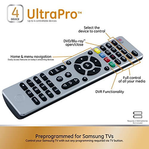 GE Universal Remote Control for Samsung, Vizio, LG, Sony, Sharp, Roku, Apple TV, TCL, Panasonic, Smart TVs, Streaming Players, Blu-ray, DVD, 4-Device, Silver, 33709