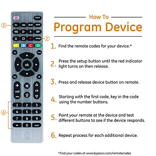 GE Universal Remote Control for Samsung, Vizio, LG, Sony, Sharp, Roku, Apple TV, TCL, Panasonic, Smart TVs, Streaming Players, Blu-ray, DVD, 4-Device, Silver, 33709