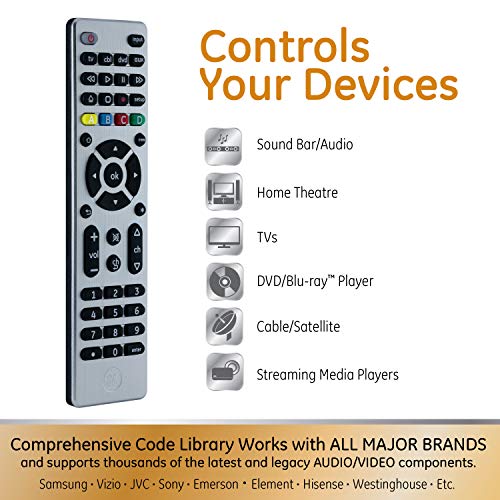 GE Universal Remote Control for Samsung, Vizio, LG, Sony, Sharp, Roku, Apple TV, TCL, Panasonic, Smart TVs, Streaming Players, Blu-ray, DVD, 4-Device, Silver, 33709