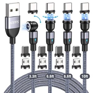 aripps magnetic charging cable 4 pack (3.3ft/6.6ft/6.6ft/10ft), 540 degree rotating magnetic phone charger cable, 3 in 1 nylon braided magnetic usb cable for type c, micro usb