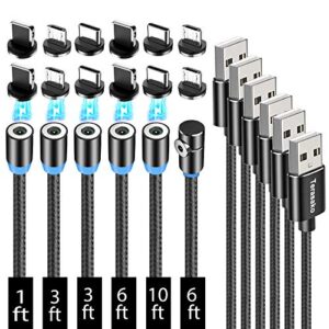 terasako magnetic charging cable 6-pack [1ft/3ft/3ft/6ft/6ft/10ft], 3 in 1 nylon braided magnetic phone charger, compatible with micro usb, type c, iproduct and most devices