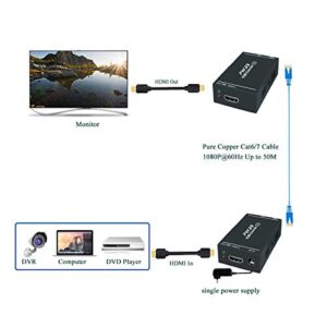 HDMI Extender 1080p@60Hz, 3D, Over Single Cat5e/Cat6/Cat 7 Cable Full HD Uncompressed Transmit Up to 164 Ft(50m), EDID and POC Function Supported (Transmitter and Receiver)