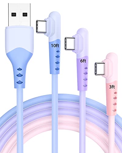 90 Degree USB C Cable Fast Charging 3 Pack (3FT 6FT 10FT) Short & Long Right Angled USB Type C Charger Cable for Samsung Galaxy S22 S21 S20 Ultra S20+ Note 20,10 S10,9 Plus A12,11,52 Google Pixel