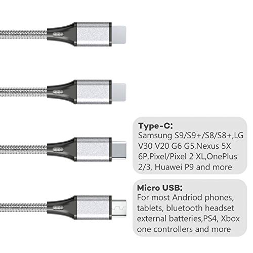 Multi Charging Cable, Multi USB Cable 3A 4FT USB Charging Cable Nylon Braided Universal 4in1 Multi Charger Cable Adapter Type-C/Micro USB Port,Compatible with Cell Phones and More (Silver, 2Pack)