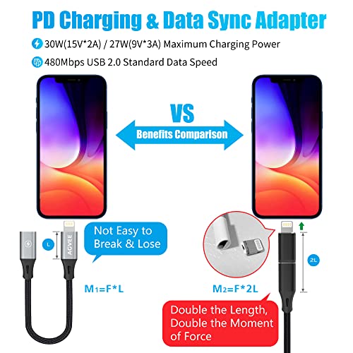 AGVEE 2 Pack 4 inch 30W USB-C Female to Lightning Cable Adapter, Type-C to 8 Pin Male PD Fast Charging Converter Cord Data Sync Connector for iPhone 13 12 11 Airpods iOS Devices, Carplay, Dark Gray